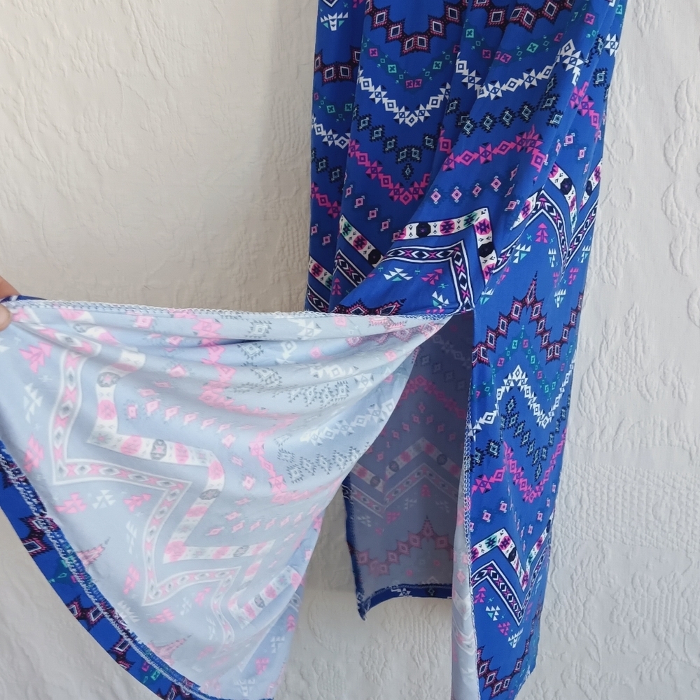 Bobbie Brooks Blue Maxi T Shirt Dress Tribal Western Bohemian Colorful Zig Zag - Picture 6 of 9